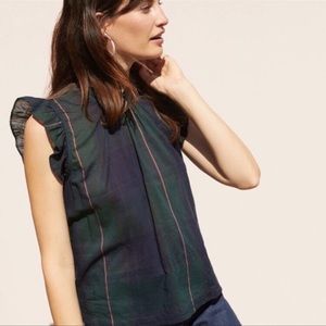 ISABELLA SINCLAIR / ANTHROPOLOGIE Plaid Ruffle-Sleeve Top - Black Watch - Sz XS